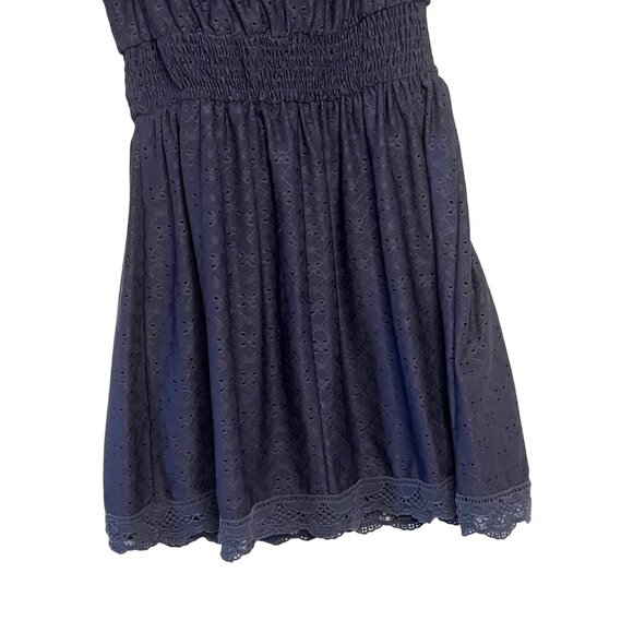 Navy Off-Shoulder Smocked Mini Dress Eyelet Design Ruffled Neckline Lace Hem  M - Picture 8 of 16